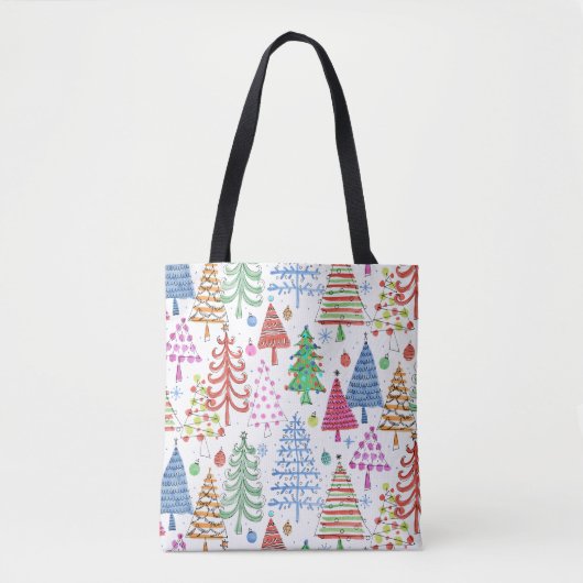 Rood groen roze blauw patroon met rode kerstbomen tote bag (Voorkant)