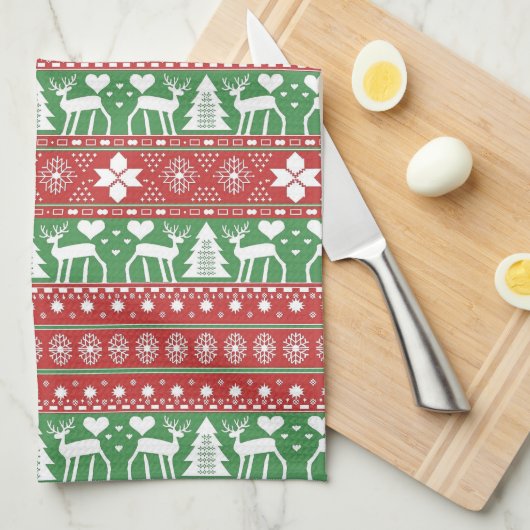 Rood & Groen Scandinavische Winter Kerstmis Theedoek (Quarter Fold)
