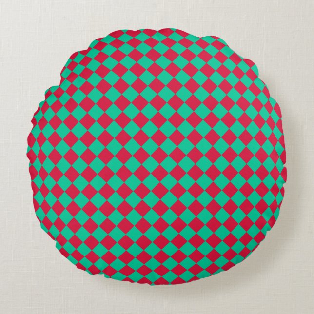 Rood Groen Schacherdiamantpatroon Rond Kussen (Voorkant)