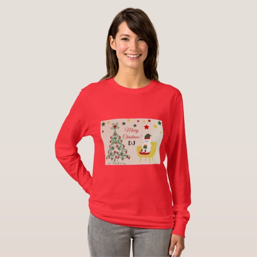 Rood Groen Schattige Beer Monogram Moderne Kerst T-shirt (Voorkant volledig)