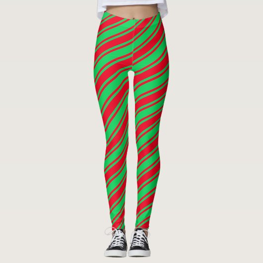 Rood groen snoepje diagonaal strepe kerst leggings (Voorkant)
