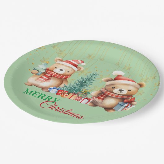 Rood Groen Teddybeer Santa Vrolijk Kerstfeest Papieren Bordje (Gekanteld)