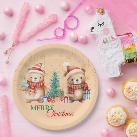 Rood Groen Teddybeer Santa Vrolijk Kerstfeest Papieren Bordje (Feest)