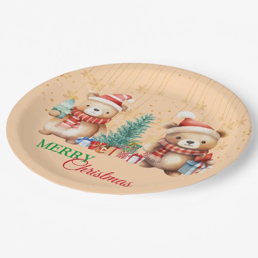 Rood Groen Teddybeer Santa Vrolijk Kerstfeest Papieren Bordje (Gekanteld)