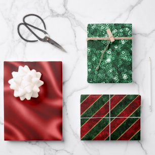 Rood & Groen Vakantie Satijn & Glitter Kerstmis Inpakpapier Vel