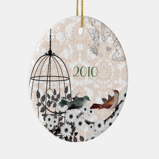 Rood & Groen  Vogels & Vogelkooi op Damast Keramisch Ornament (Rechts)