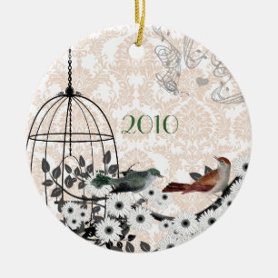 Rood & Groen  Vogels & Vogelkooi op Damast Keramisch Ornament