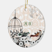Rood & Groen Vogels & Vogelkooi op Damast Keramisch Ornament (Links)