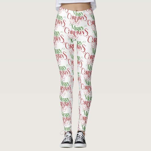 Rood & Groen Vrolijk Kerstfeest Retro Typografie Leggings (Voorkant)