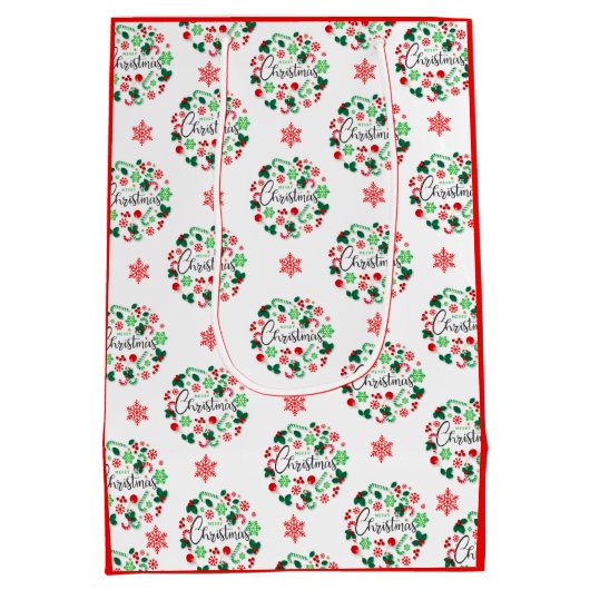 Rood Groen Vrolijk Kerstkrans Medium Gift Bag Medium Cadeauzakje (Achterkant)