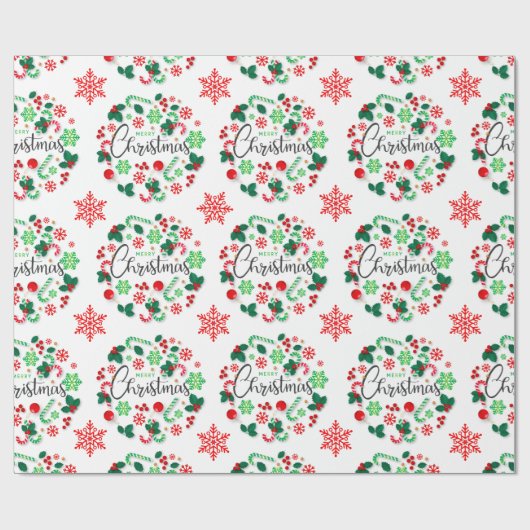 Rood Groen Vrolijk Kerstmis Krans Wrapping Papier (Vlak)