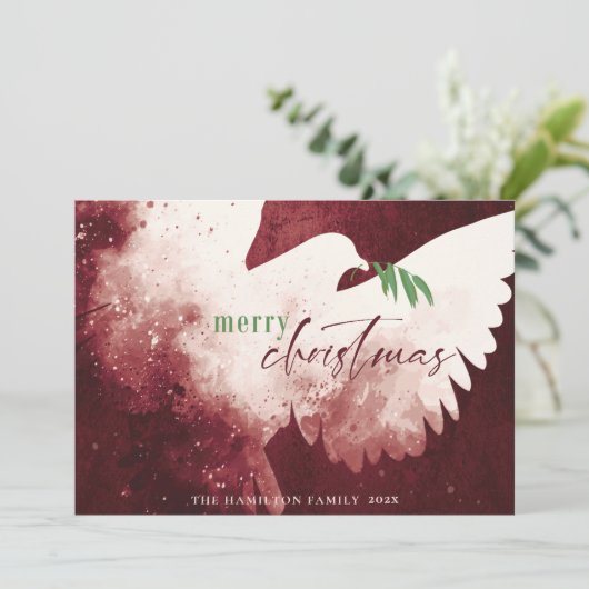 Rood Groen Vrolijk Kerstmis Vredesduif Feestdagenkaart (Staand voorkant)