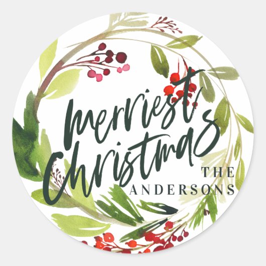 Rood + groen waterverf gebladerte merriest Christm Ronde Sticker (Voorkant)