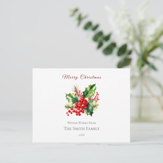 Rood & Groen Waterverf Holly Christmas Briefkaart (Staand voorkant)