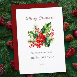 Rood & Groen Waterverf Holly Christmas Kaart
