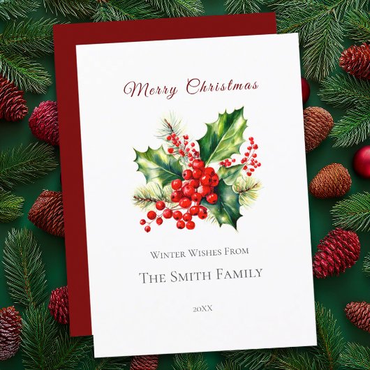 Rood & Groen Waterverf Holly Christmas Kaart