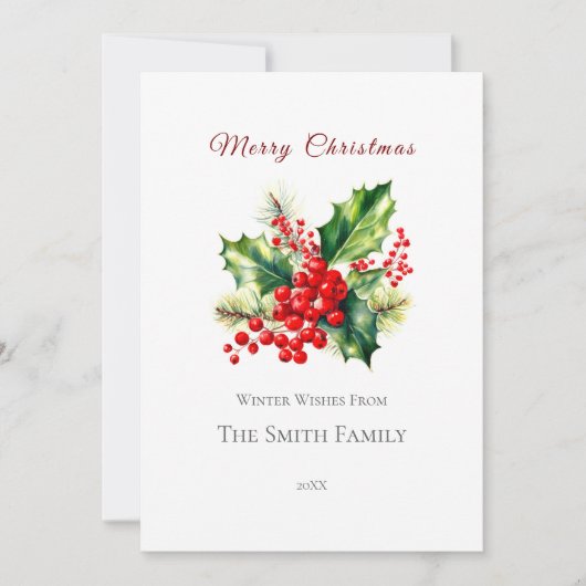 Rood & Groen Waterverf Holly Christmas Kaart (Voorkant)