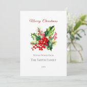 Rood & Groen Waterverf Holly Christmas Kaart (Staand voorkant)