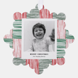 Rood Groen Waterverf Strepen Patroon Eén Foto Ornament Kaart