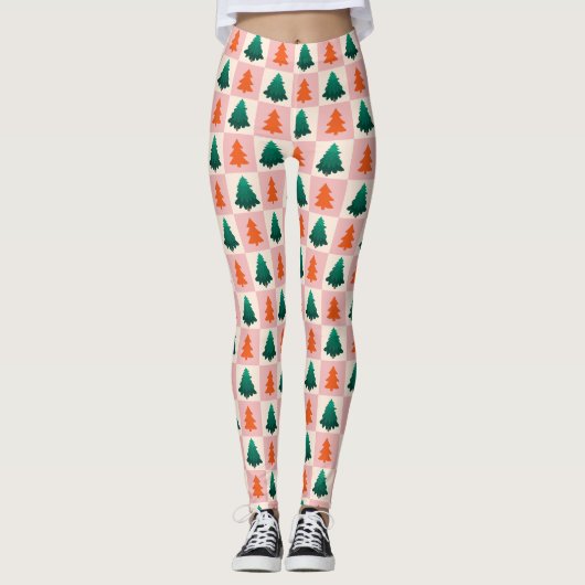 Rood Groen waterverf Vrolijk kerstboompatroon Leggings (Voorkant)