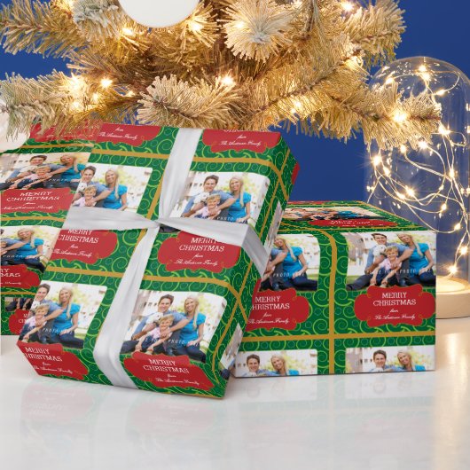 Rood & Groen wervelpatroon Foto Kerstmis Cadeaupapier (Feestdagen)