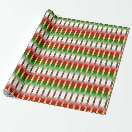Rood Groen Wit en Goud Strepen Kerstmis Cadeaupapier (Uitgerold)