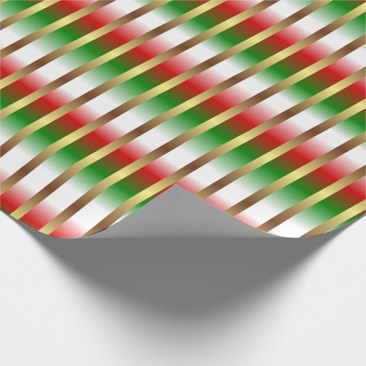 Rood Groen Wit en Goud Strepen Kerstmis Cadeaupapier (Hoek)
