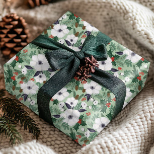 Rood Groen Wit Kerst Bloem Motief Winter Cadeaupapier