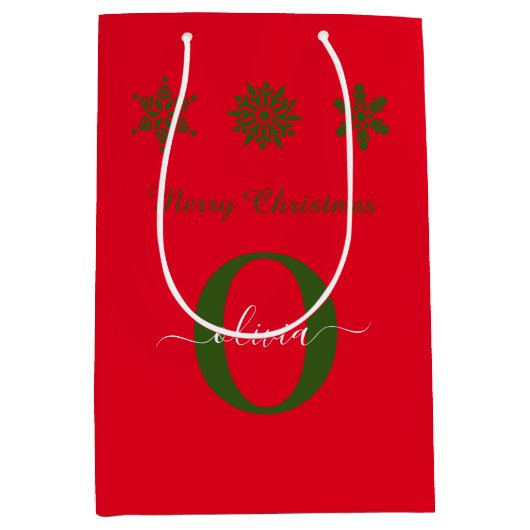 Rood groen wit monogram script Merry Kerstry Medium Cadeauzakje (Voorkant)