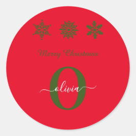 Rood groen wit monogram script Merry Kerstry Ronde Sticker