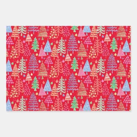 Rood groen wit patroon met rode kerstbomen inpakpapier vel (Voorkant)