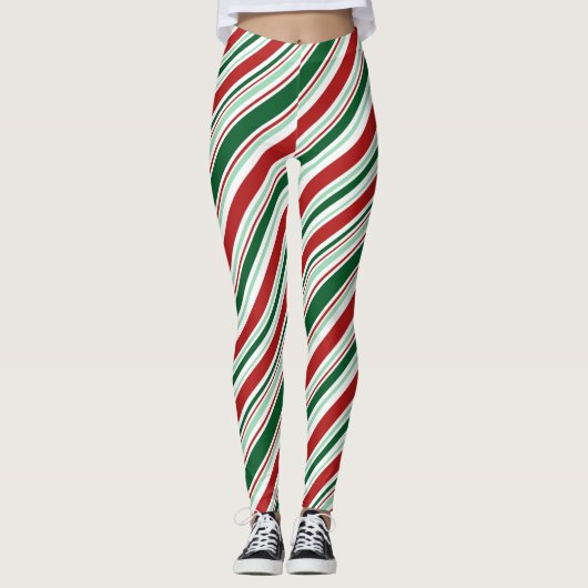 Rood Groen Wit Snoep Strepen Kerstpatroon Leggings (Voorkant)