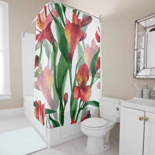 Rood groen & Wit Waterverven Lelies Douchegordijn (In situ)