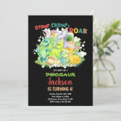 Rood Groen Zwart Dinosaur Verjaardag Uitnodigingen (Staand voorkant)