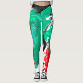 Rood, groen, zwart en wit marmer fluid Art Leggings (Voorkant)