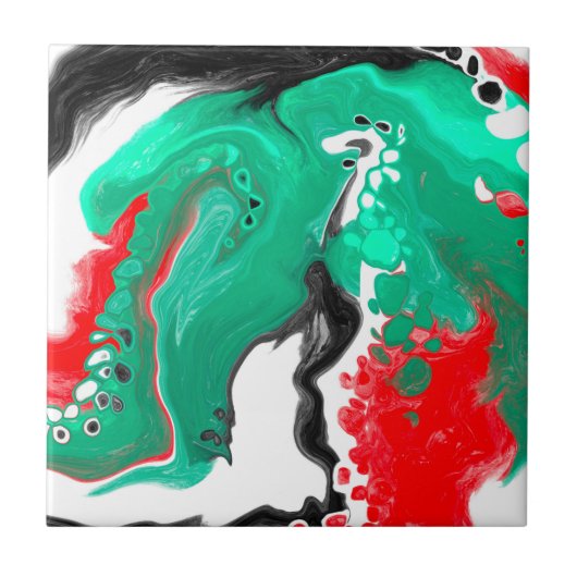 Rood, groen, zwart en wit marmer fluid Art Tegeltje (Voorkant)