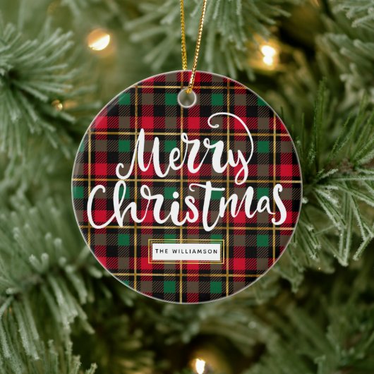 Rood, Groen, Zwart & Goud Kerstmis Plaid Keramisch Ornament (Boom)