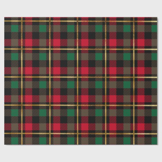 Rood, Groen, Zwart & Gouden Kerstbuffel Plaid Cadeaupapier (Vlak)