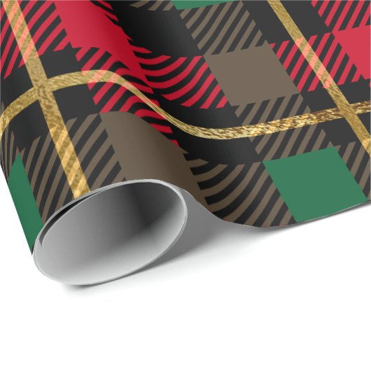Rood, Groen, Zwart & Gouden Kerstbuffel Plaid Cadeaupapier (Rol Hoek)