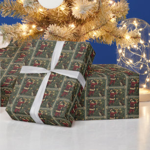 Rood & Groen Zwart Kerstman in Natuur Winter Woodl Cadeaupapier