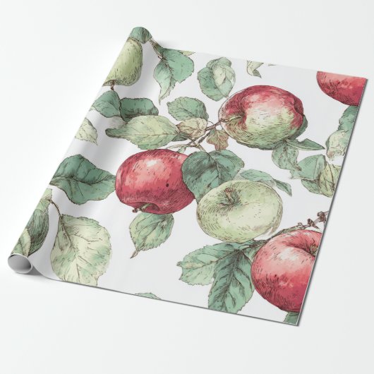 Rood Groene Appelvrucht Patroon Waterverf Rustiek Cadeaupapier (Uitgerold)