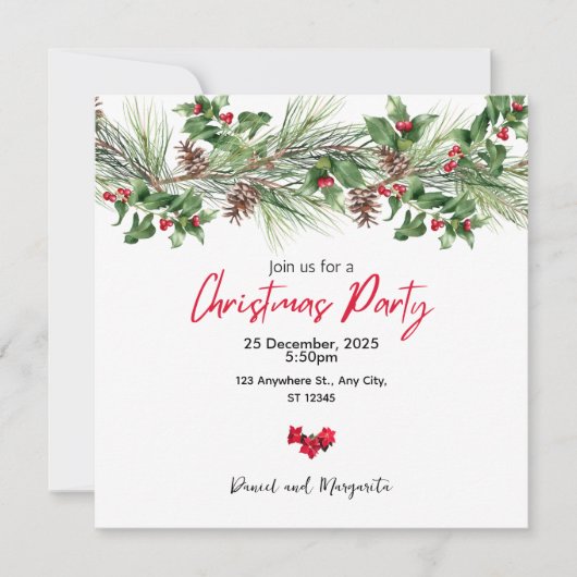 Rood groene aquarel Kerstfeest uitnodiging (Voorkant)