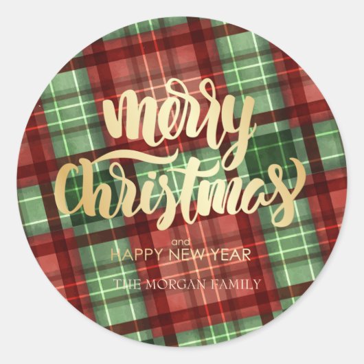 Rood groene buffel kariert vrolijk kerstfeest ronde sticker (Voorkant)