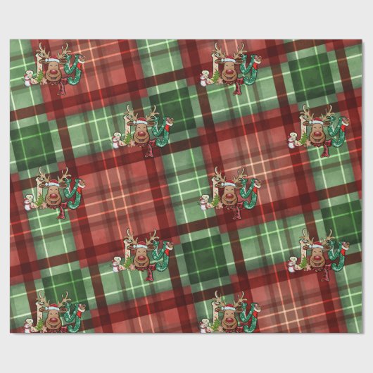Rood groene buffelruitpatroon rendier,Sneeuwpop Cadeaupapier (Vlak)