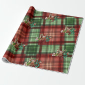 Rood groene buffelruitpatroon rendier,Sneeuwpop Cadeaupapier (Uitgerold)