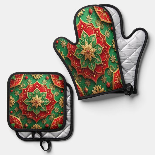Rood groene decoratie ovenwant & pannenlap set (Voorkant / Achterkant)