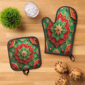 Rood groene decoratie ovenwant & pannenlap set (Top down)