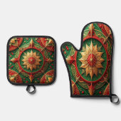 Rood groene decoratie ovenwant & pannenlap set (Voorkant)