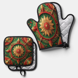 Rood groene decoratie ovenwant & pannenlap set