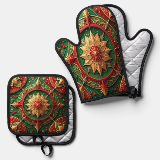 Rood groene decoratie ovenwant & pannenlap set (Voorkant / Achterkant)